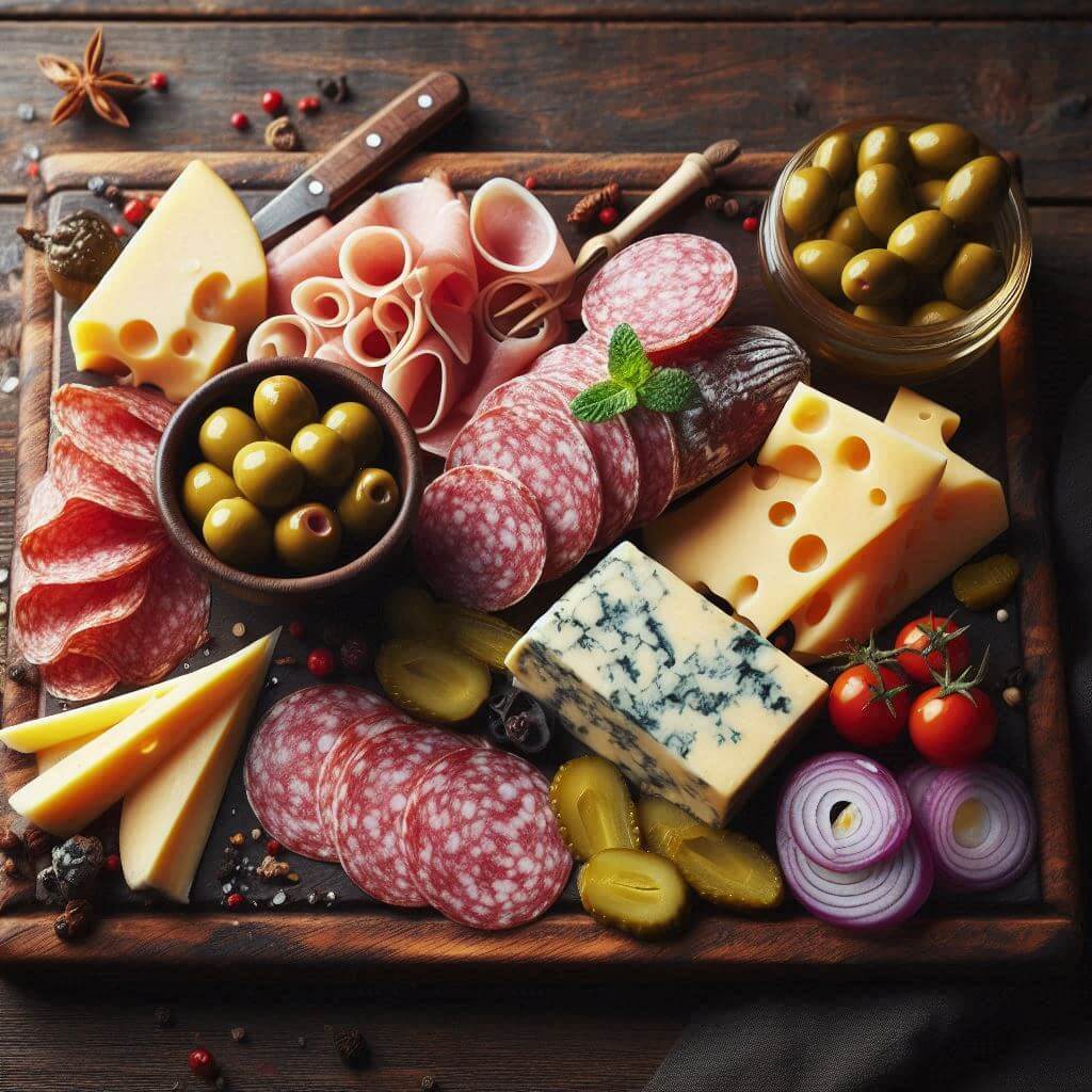 charcuterie board with cheese, salami and olives